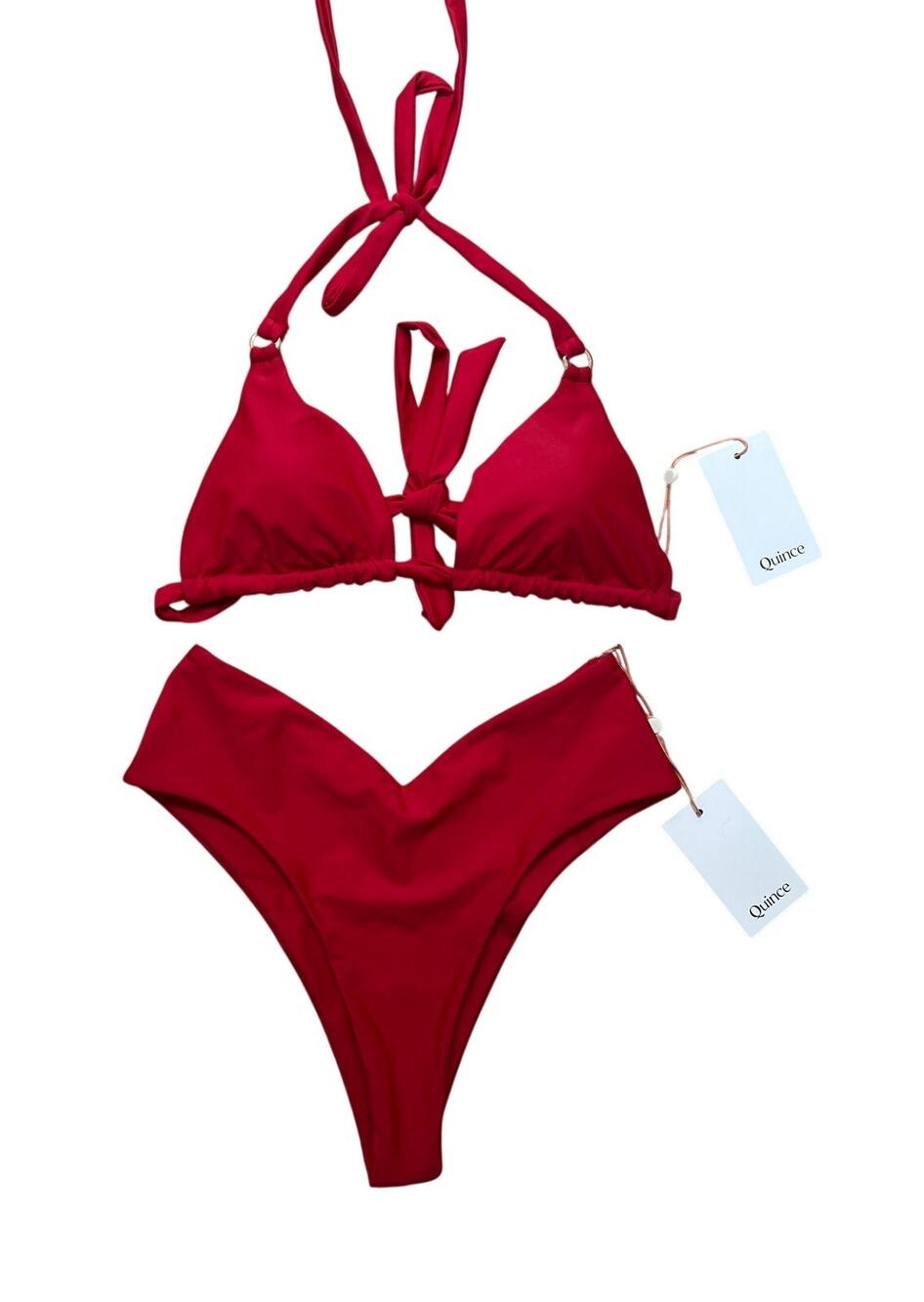 NEW Quince Cherry Red Bikini Set Swimsuit Triangle Top Cheeky V Bottom Italian S